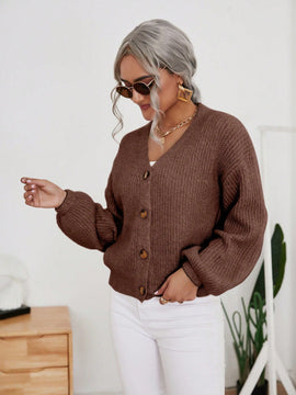 Frenchy cardigan de punto de manga larga, unicolor, con escote en v y botones frontales, versatil y casual