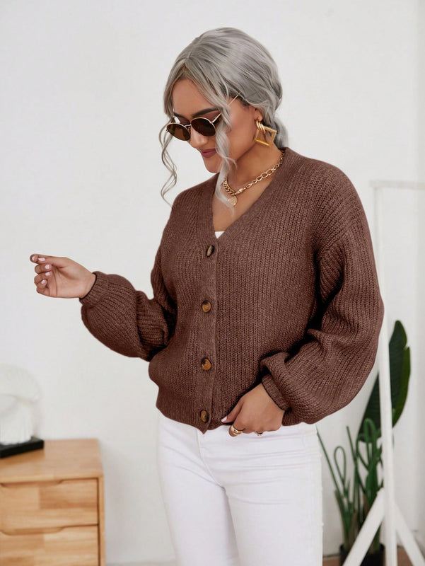 Frenchy cardigan de punto de manga larga, unicolor, con escote en v y botones frontales, versatil y casual