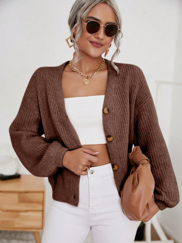 Frenchy cardigan de punto de manga larga, unicolor, con escote en v y botones frontales, versatil y casual