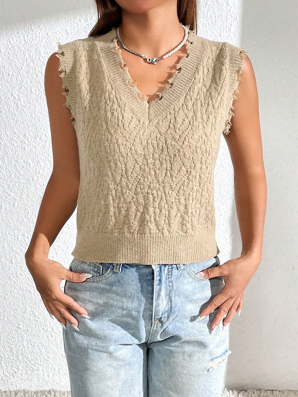 EZwear Chaleco de punto unicolor ribete en abanico