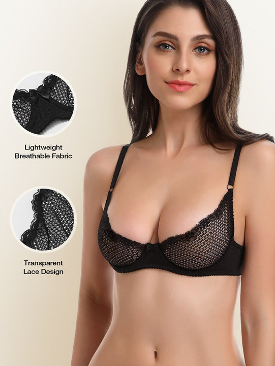 Wingslove sujetador con copa de 1/2 transparente con encaje y aro, sexy, para navidad