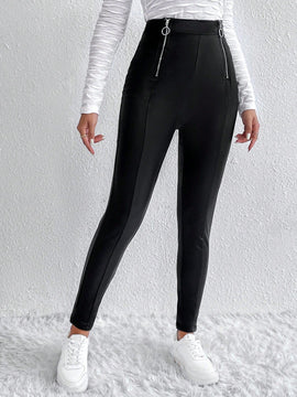 Pantalones ajustados cremallera con diseno de aro O