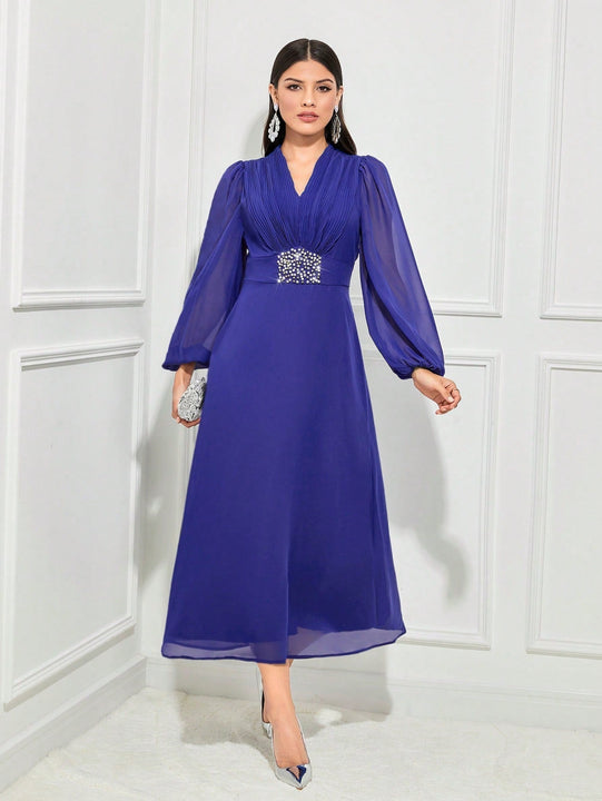 Modely Vestido con diamante de imitacion con con diseno de perla de manga farol