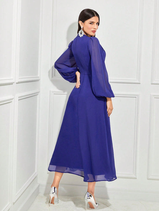 Modely Vestido con diamante de imitacion con con diseno de perla de manga farol