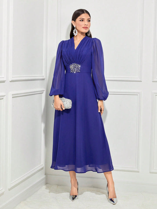 Modely Vestido con diamante de imitacion con con diseno de perla de manga farol