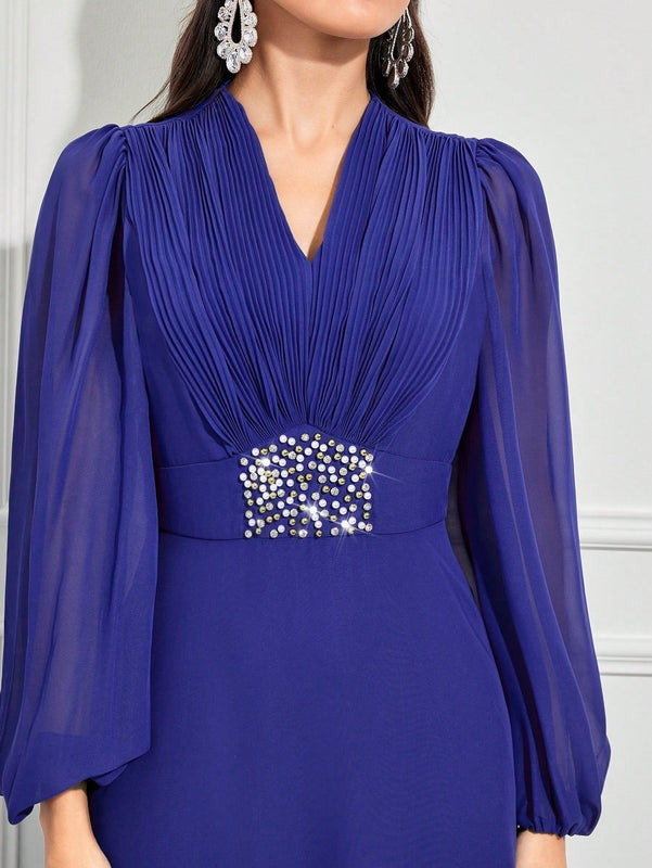 Modely Vestido con diamante de imitacion con con diseno de perla de manga farol