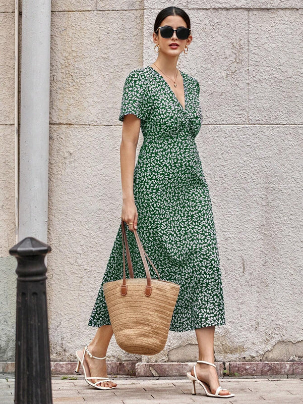 Privé Vestido con cinturón de manga farol bajo fruncido