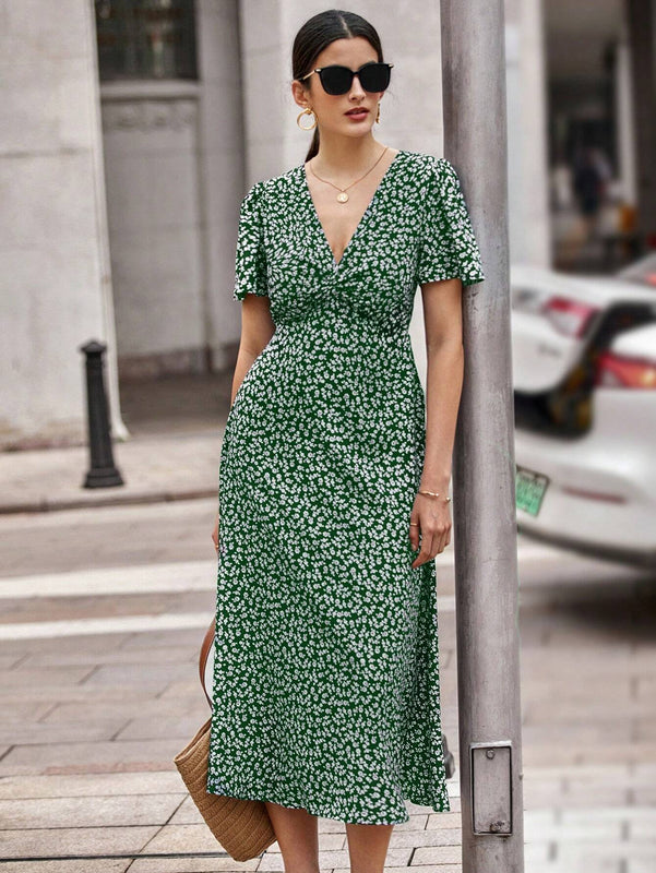 Privé Vestido con cinturón de manga farol bajo fruncido