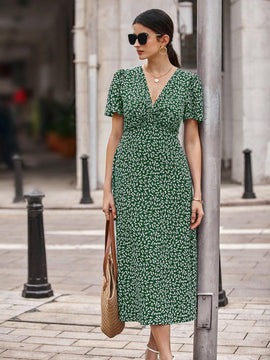 Privé Vestido con cinturón de manga farol bajo fruncido