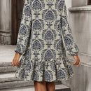 Vestido smock con estampado de cuello notch de manga farol bajo con fruncido