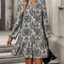 Vestido smock con estampado de cuello notch de manga farol bajo con fruncido