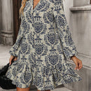 Vestido smock con estampado de cuello notch de manga farol bajo con fruncido