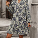 Vestido smock con estampado de cuello notch de manga farol bajo con fruncido
