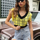 EZwear Chaleco de punto con patron de cuadros ribete con fleco