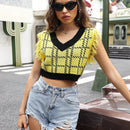 EZwear Chaleco de punto con patron de cuadros ribete con fleco