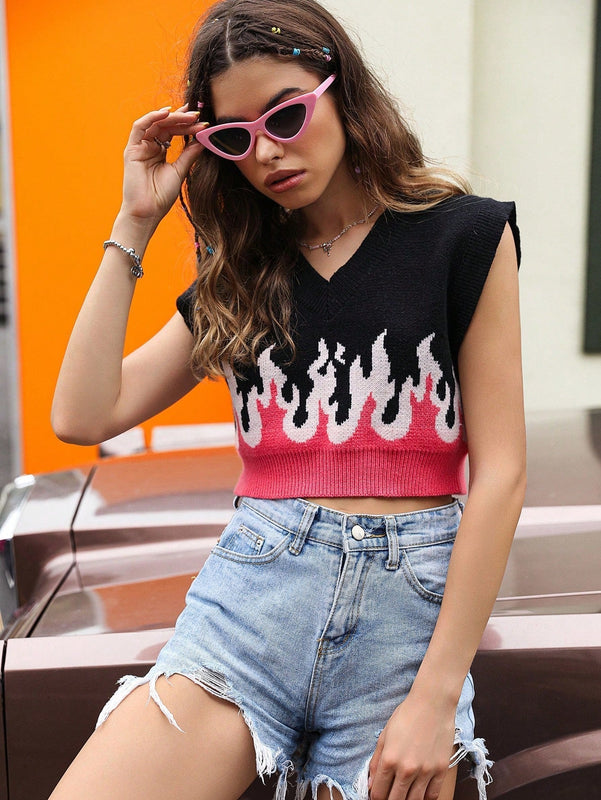 ICON Chaleco de punto crop con patron de fuego