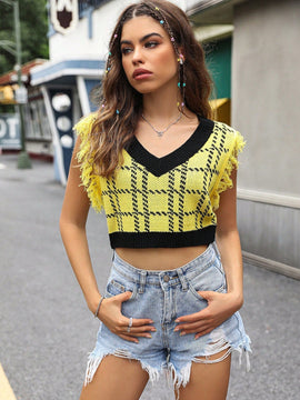 EZwear Chaleco de punto con patron de cuadros ribete con fleco
