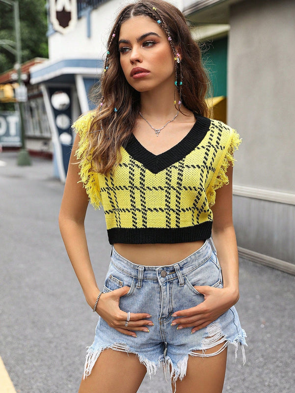 EZwear Chaleco de punto con patron de cuadros ribete con fleco