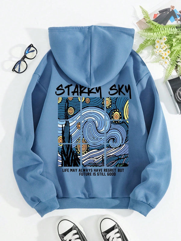 Ezwear sudadera con capucha con cordon, forro termico, diseno grafico de eslogan: "la vida del cielo estrellado puede tener siempre arrepentimiento, pero el futuro todavia es bueno"