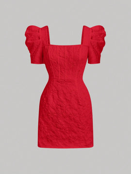 Mod vestido floral jacquard de cuello cuadrado de manga farol