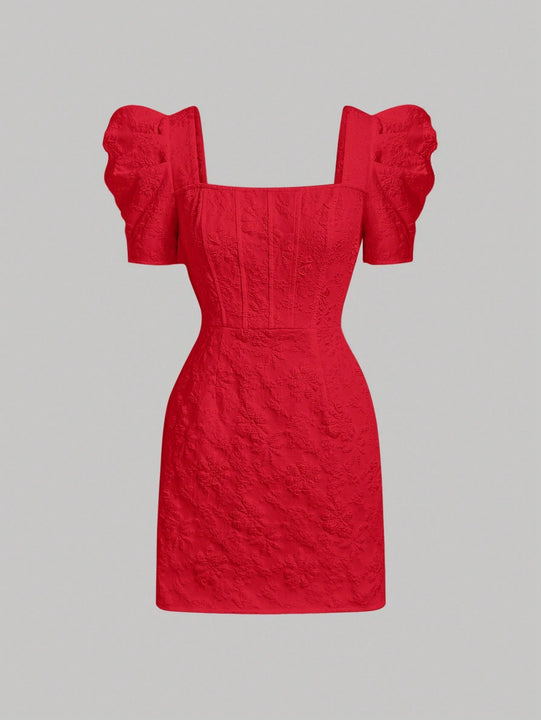 Mod vestido floral jacquard de cuello cuadrado de manga farol