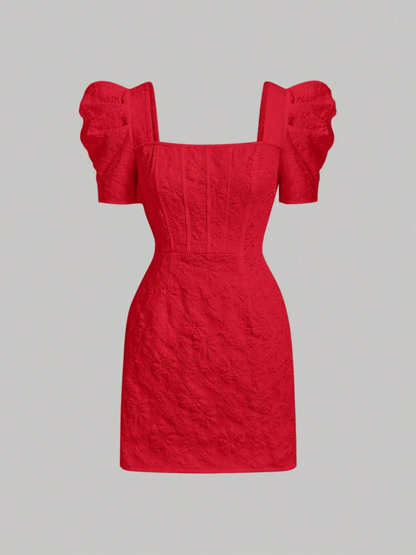 Mod vestido floral jacquard de cuello cuadrado de manga farol