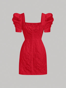 Mod vestido floral jacquard de cuello cuadrado de manga farol
