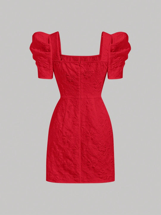 Mod vestido floral jacquard de cuello cuadrado de manga farol