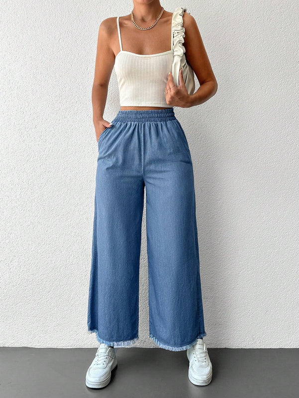 Cottnline pantalones palazzo de tiro alto, sueltos y con bolsillo, de 100% algodon, para primavera y verano