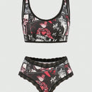 ROMWE Anime Anime Set de lenceria con estampado con encaje en contraste