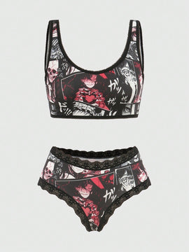 ROMWE Anime Anime Set de lenceria con estampado con encaje en contraste