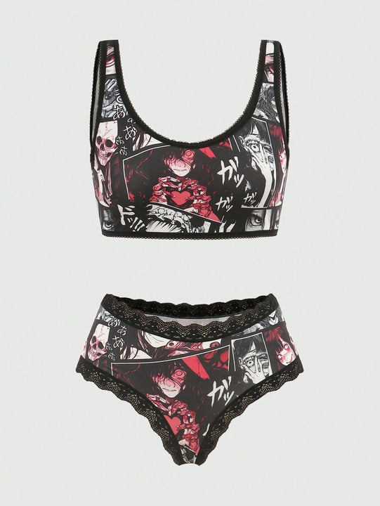 ROMWE Anime Anime Set de lenceria con estampado con encaje en contraste