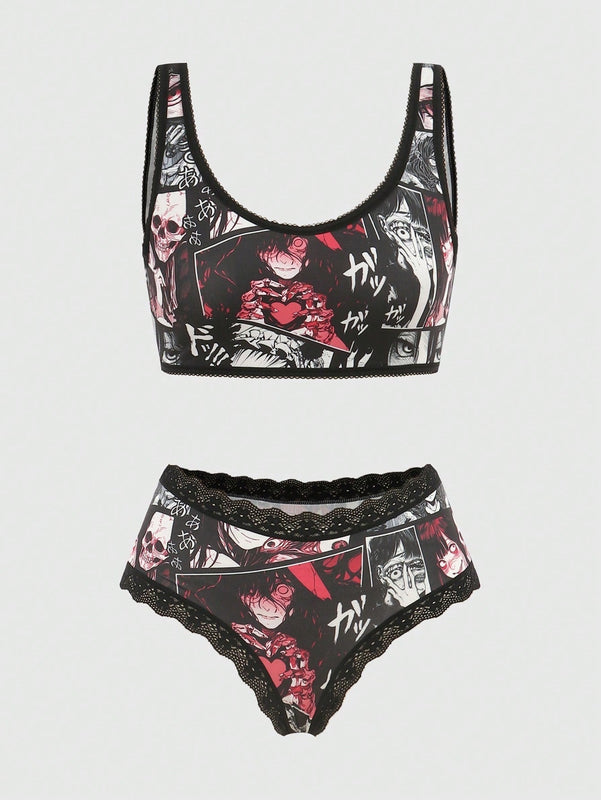 ROMWE Anime Anime Set de lenceria con estampado con encaje en contraste