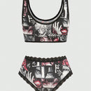 ROMWE Anime Anime Set de lenceria con estampado con encaje en contraste