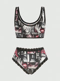 ROMWE Anime Anime Set de lenceria con estampado con encaje en contraste