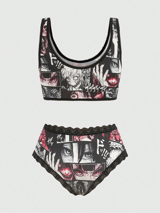 ROMWE Anime Anime Set de lenceria con estampado con encaje en contraste