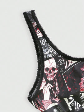 ROMWE Anime Anime Set de lenceria con estampado con encaje en contraste