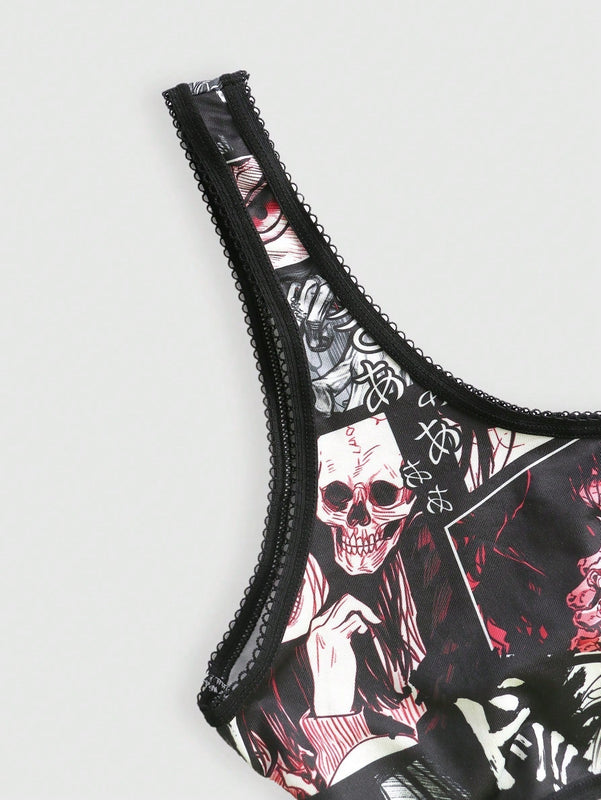 ROMWE Anime Anime Set de lenceria con estampado con encaje en contraste