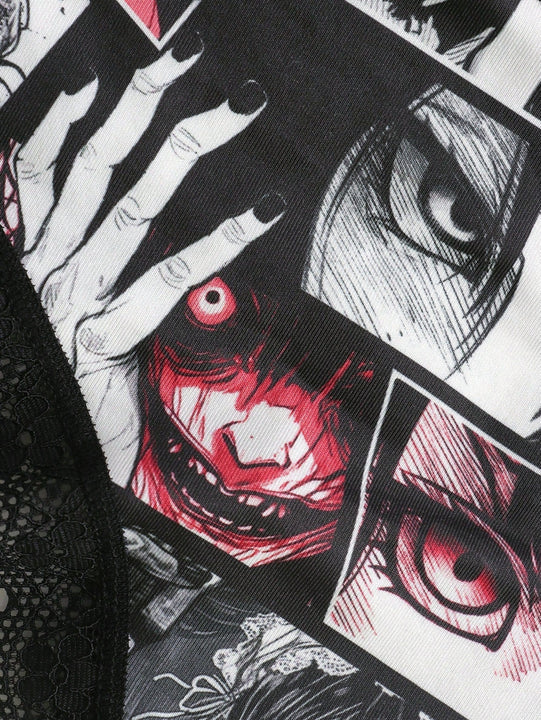 ROMWE Anime Anime Set de lenceria con estampado con encaje en contraste