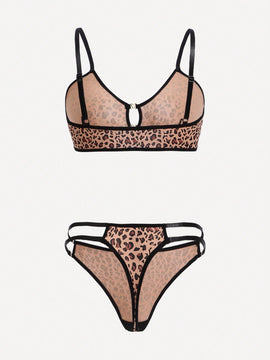Set de lenceria con estampado de leopardo con abertura unido en contraste