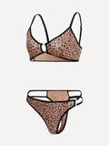 Set de lenceria con estampado de leopardo con abertura unido en contraste