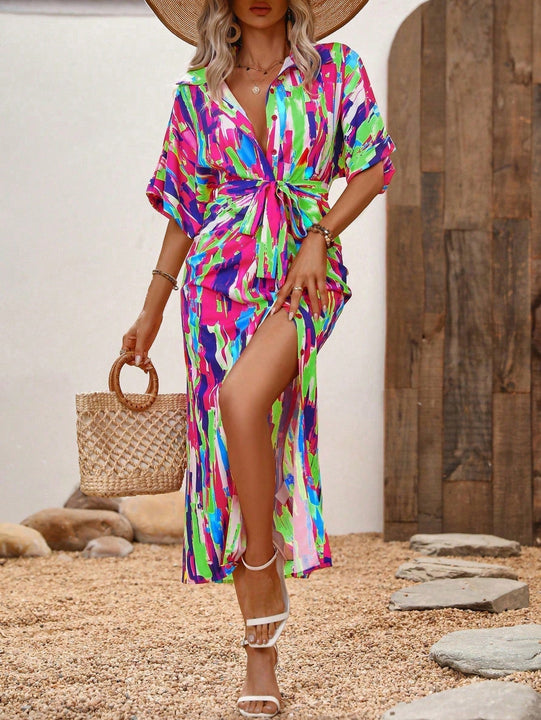 VCAY Vestido camisero con estampado de pincelada de manga murcielago con cinturon