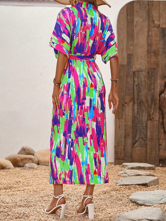 VCAY Vestido camisero con estampado de pincelada de manga murcielago con cinturon