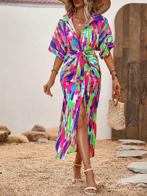 VCAY Vestido camisero con estampado de pincelada de manga murcielago con cinturon