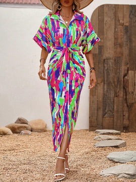VCAY Vestido camisero con estampado de pincelada de manga murcielago con cinturon
