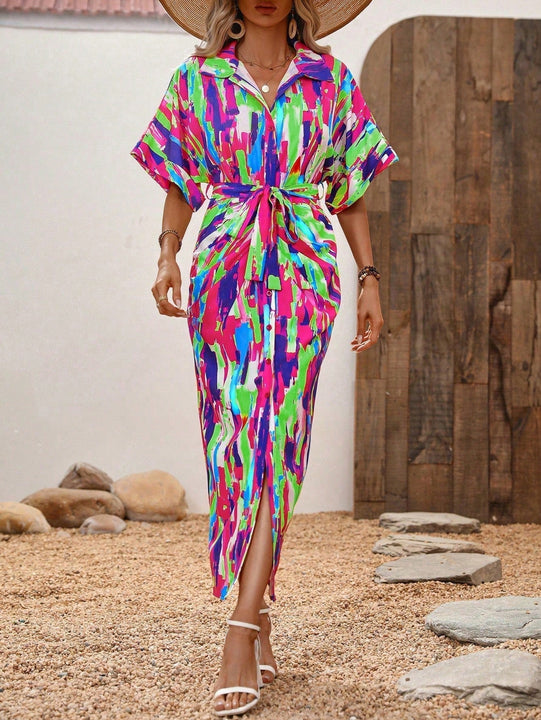 VCAY Vestido camisero con estampado de pincelada de manga murcielago con cinturon