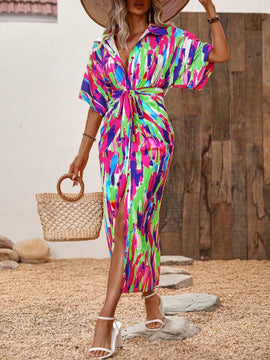 VCAY Vestido camisero con estampado de pincelada de manga murcielago con cinturon