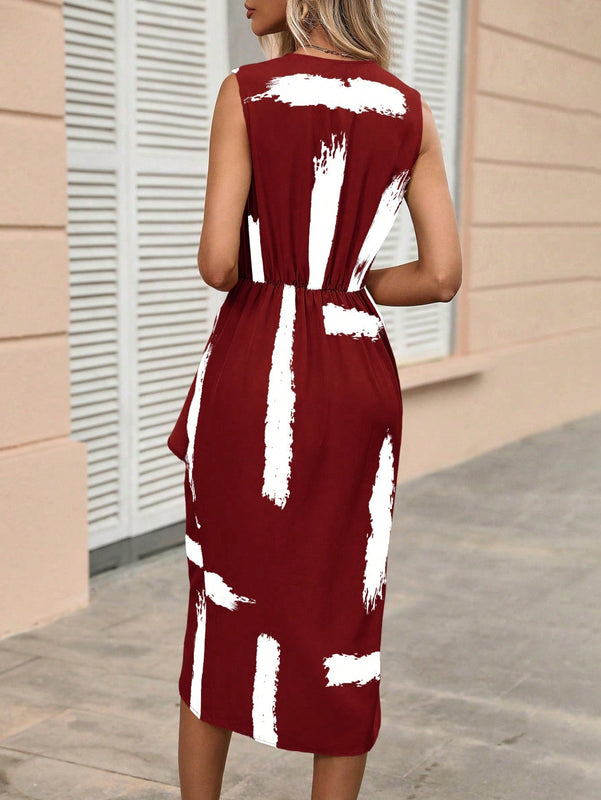 Vestido con estampado de pincelada cruzado con fruncido