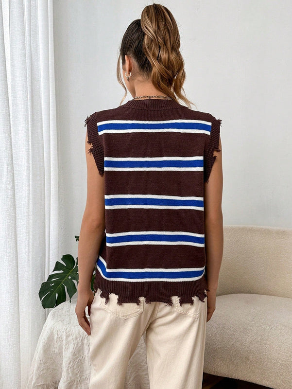 EZwear Chaleco de punto con patron de rayas ribete crudo