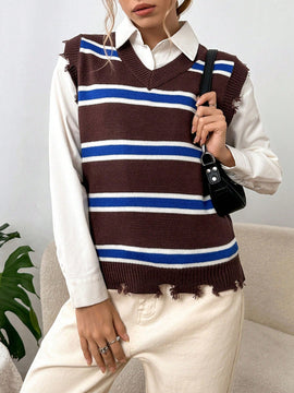 EZwear Chaleco de punto con patron de rayas ribete crudo